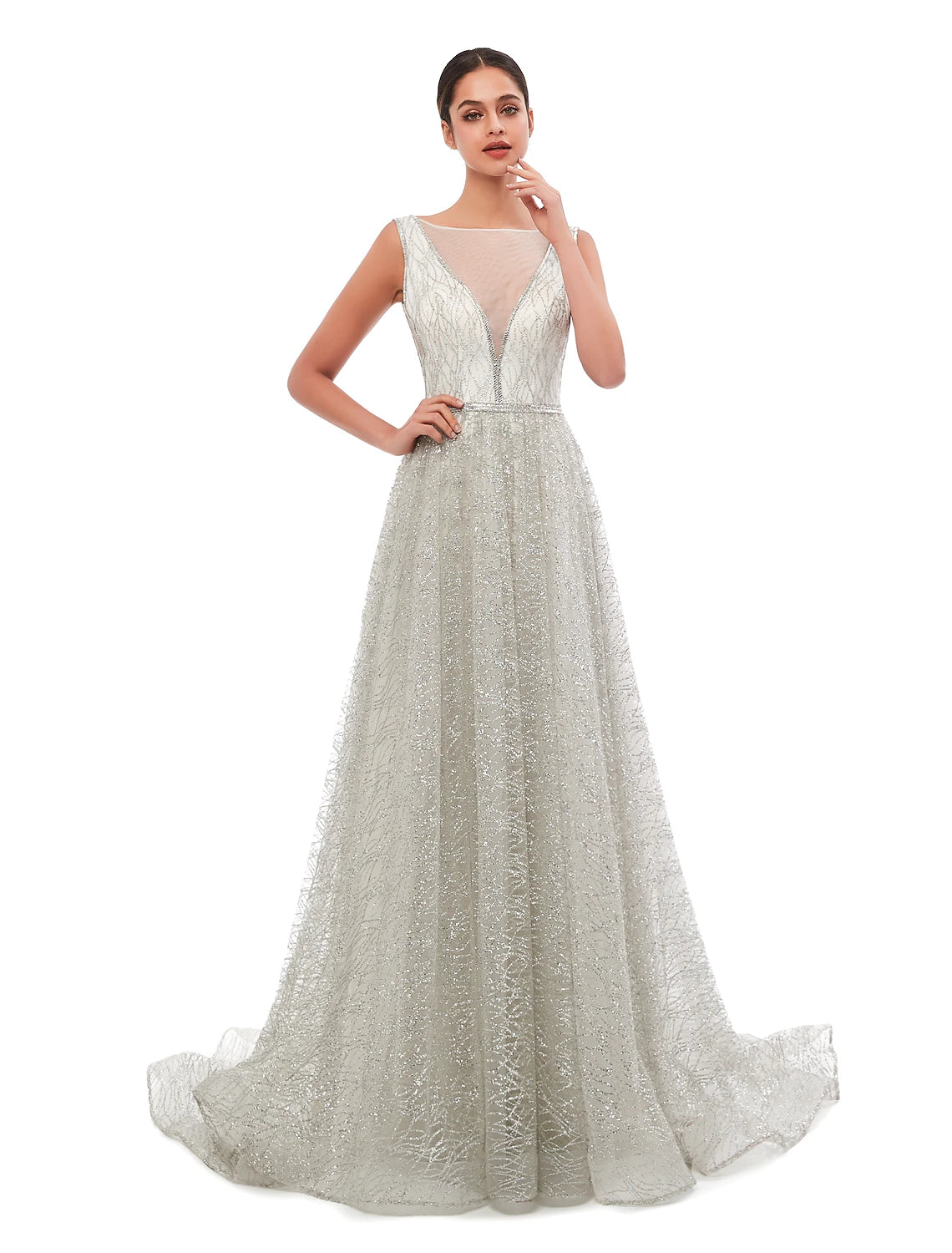 A-Linie Abendkleid Vintage Kleid Ball Hofschleppe Ärmellos Illusion Hals Pailletten mit Pailletten